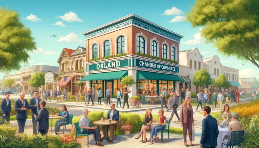 Orland Chamber of Commerce building surrounded by local business owners and community members engaged in networking, with a charming town square in the background.