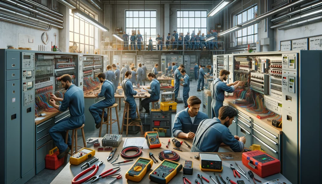 Photorealistic image of a bustling electrical workshop filled with electricians in blue uniforms working on various advanced electrical projects. The workshop is equipped with high-end tools like oscilloscopes and multimeters, and the atmosphere is professional and focused.
