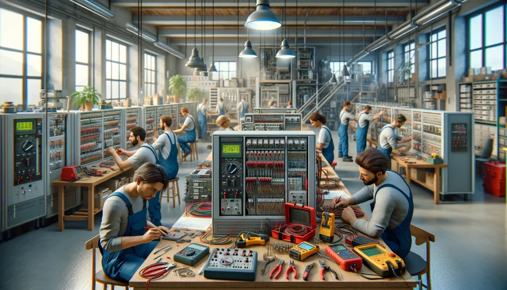 Interior view of a well-organized electrical services workshop where diverse electricians are engaged in tasks such as wiring, repairing panels, and using sophisticated testing equipment in a spacious, industrial setting.